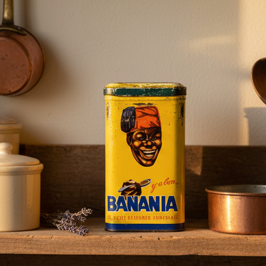 Vintage can of 'Banania' on a wooden shelf with kitchen utensils and pots.