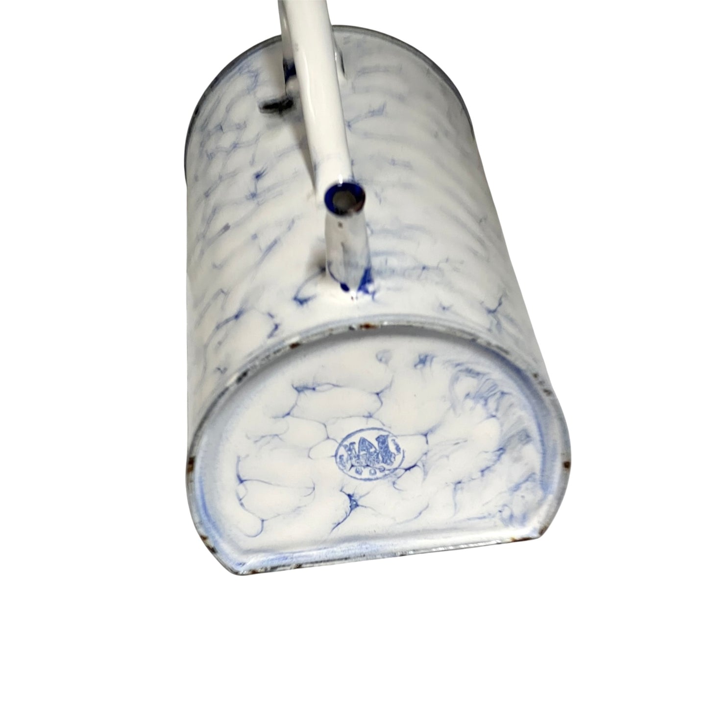 A vintage white enamel and blue marbled metal pot with a white handle, shown from a top-down angle on a white background.
