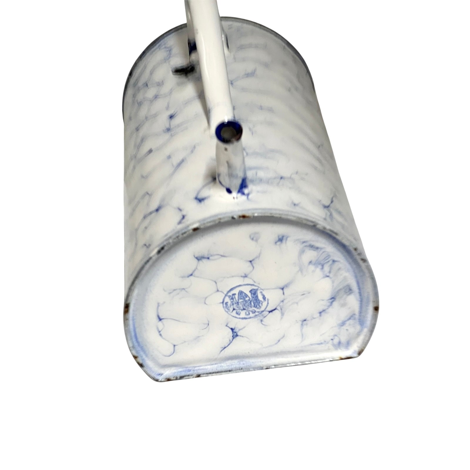 A vintage white enamel and blue marbled metal pot with a white handle, shown from a top-down angle on a white background.