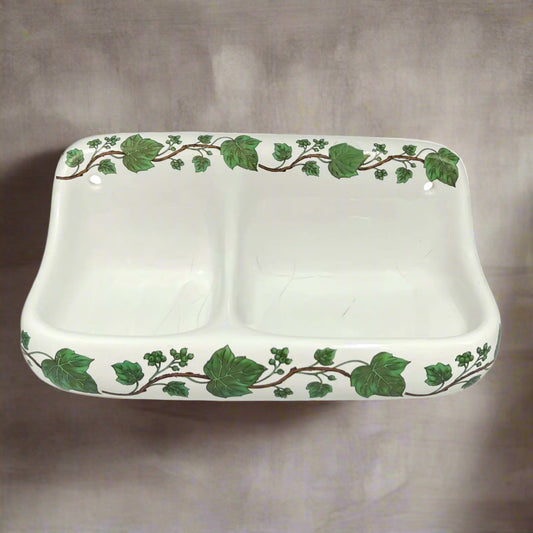 White porcelain double soap dish with green leaf patterns on a white background for sale from All Things French Store