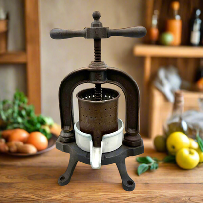 Vintage French cast iron metal fruit press with a white enamel container on a kitchen table with fruit and a rustic setting in the background 