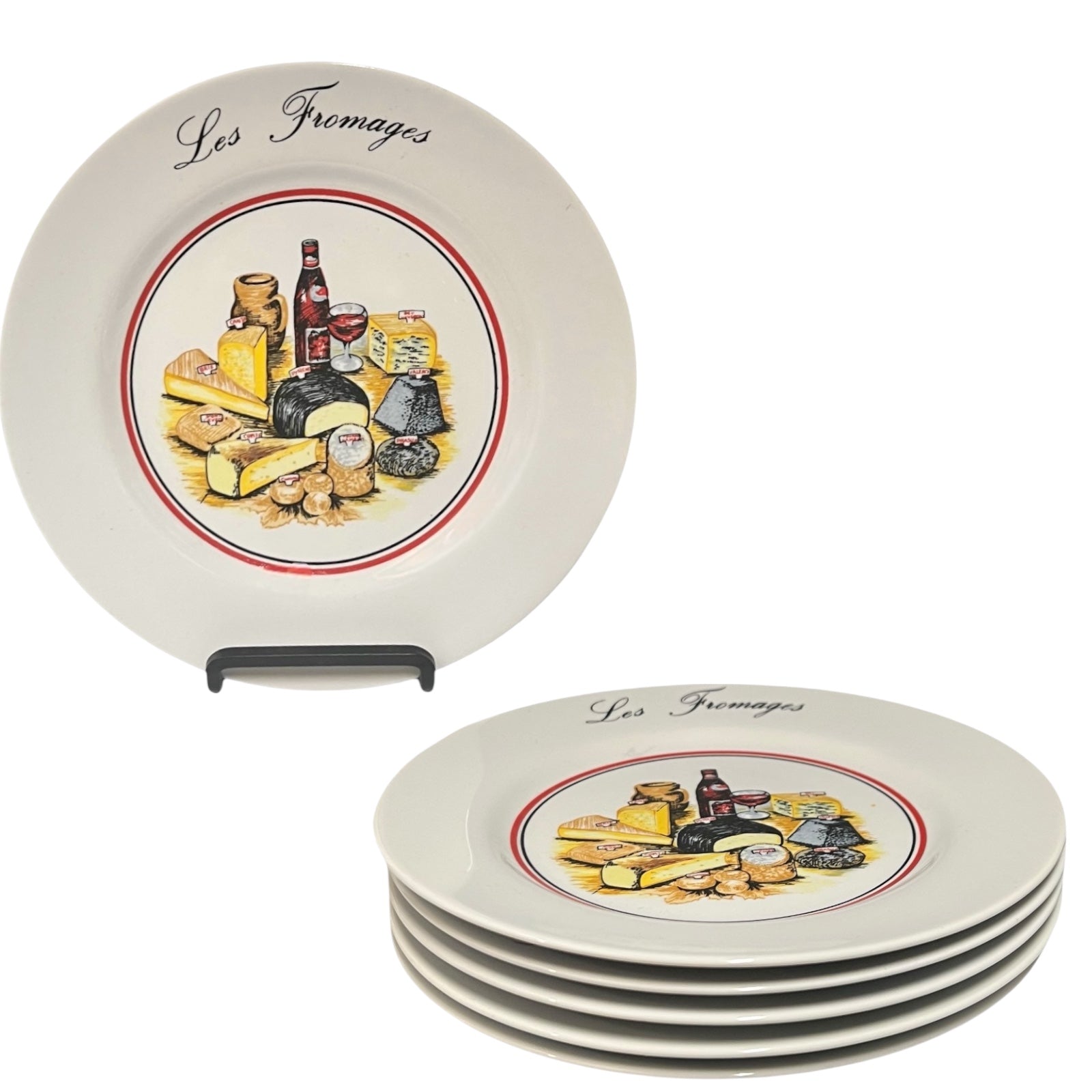 Set of ceramic plates with cheese illustration and 'Les Fromages' text on a white background
