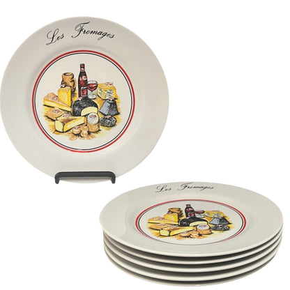 Set of ceramic plates with cheese illustration and 'Les Fromages' text on a white background
