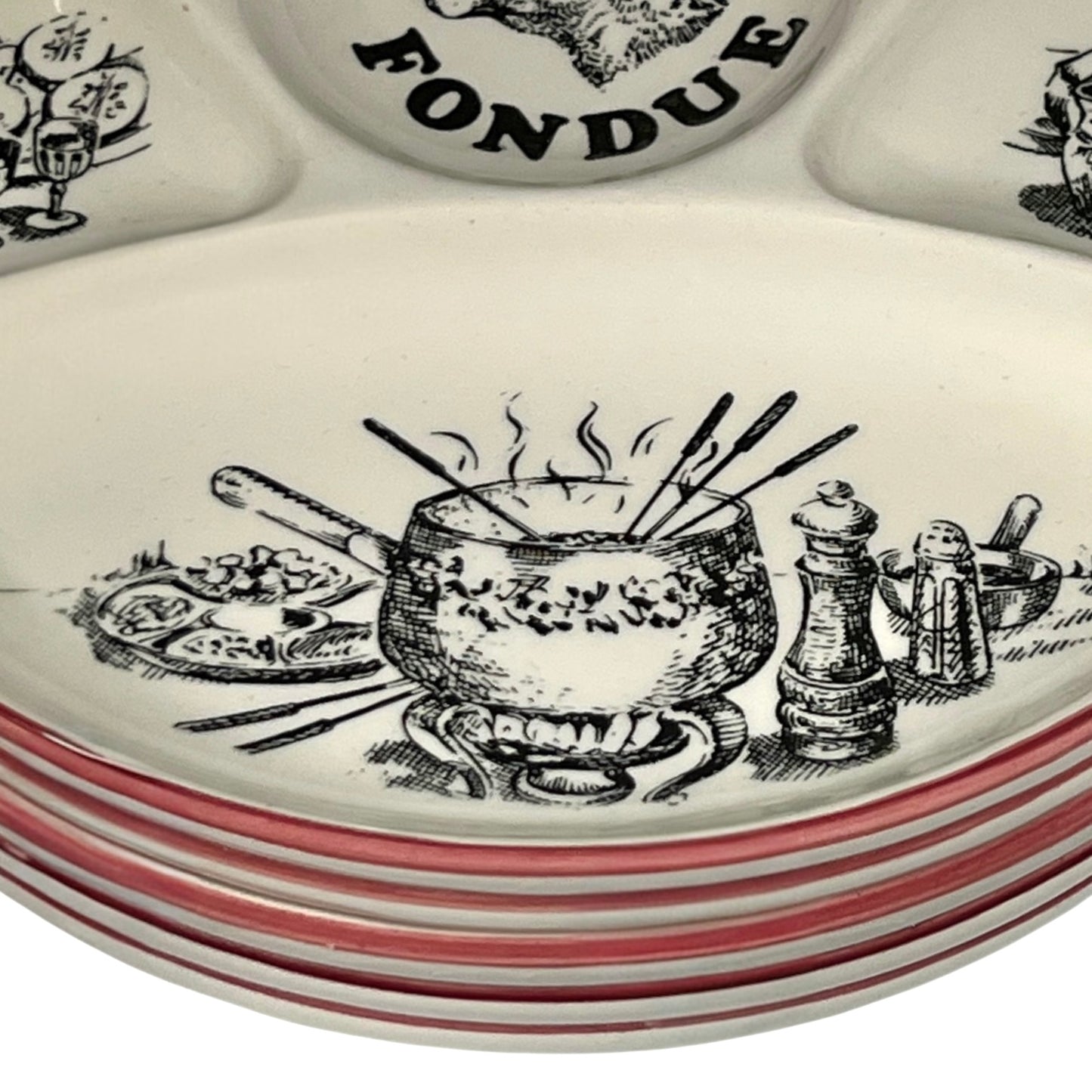 Close-up of a vintage fondue plate with detailed design on a white background