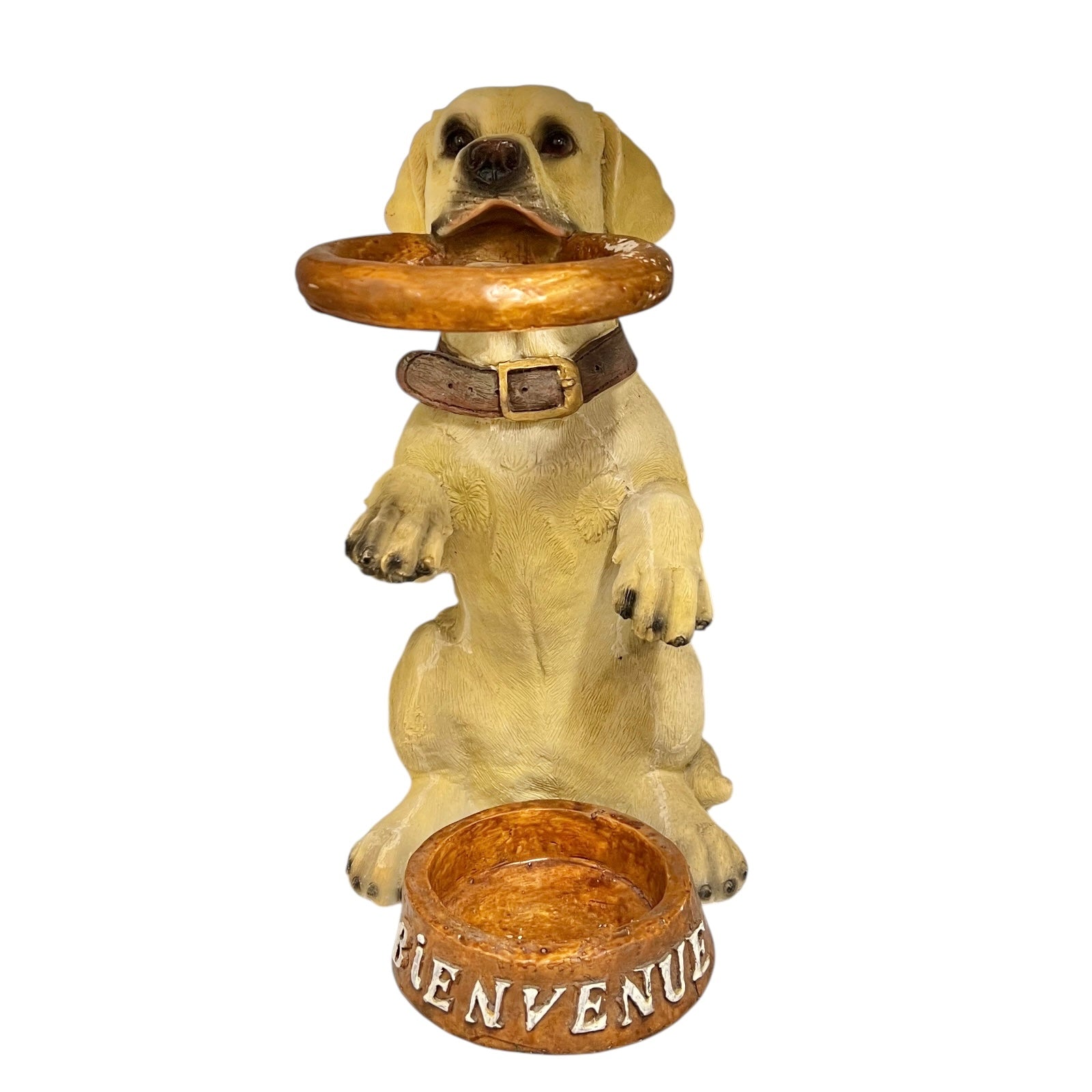 Dog walking stick stand and 'Bienvenue' bowl below, on a white background