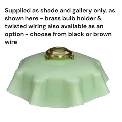 pale green milk glass lampshade with detailed text on a white background