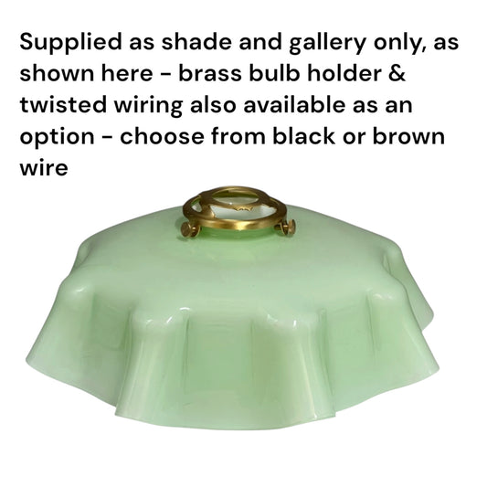 pale green milk glass lampshade with detailed text on a white background
