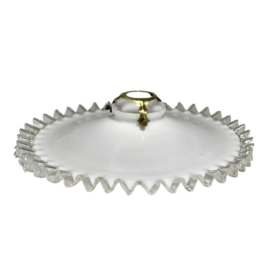 French white milk glass frilled-edge vintage lamp shade with a brass collar, perfect for adding a country cottage or farmhouse charm, set against a white background.