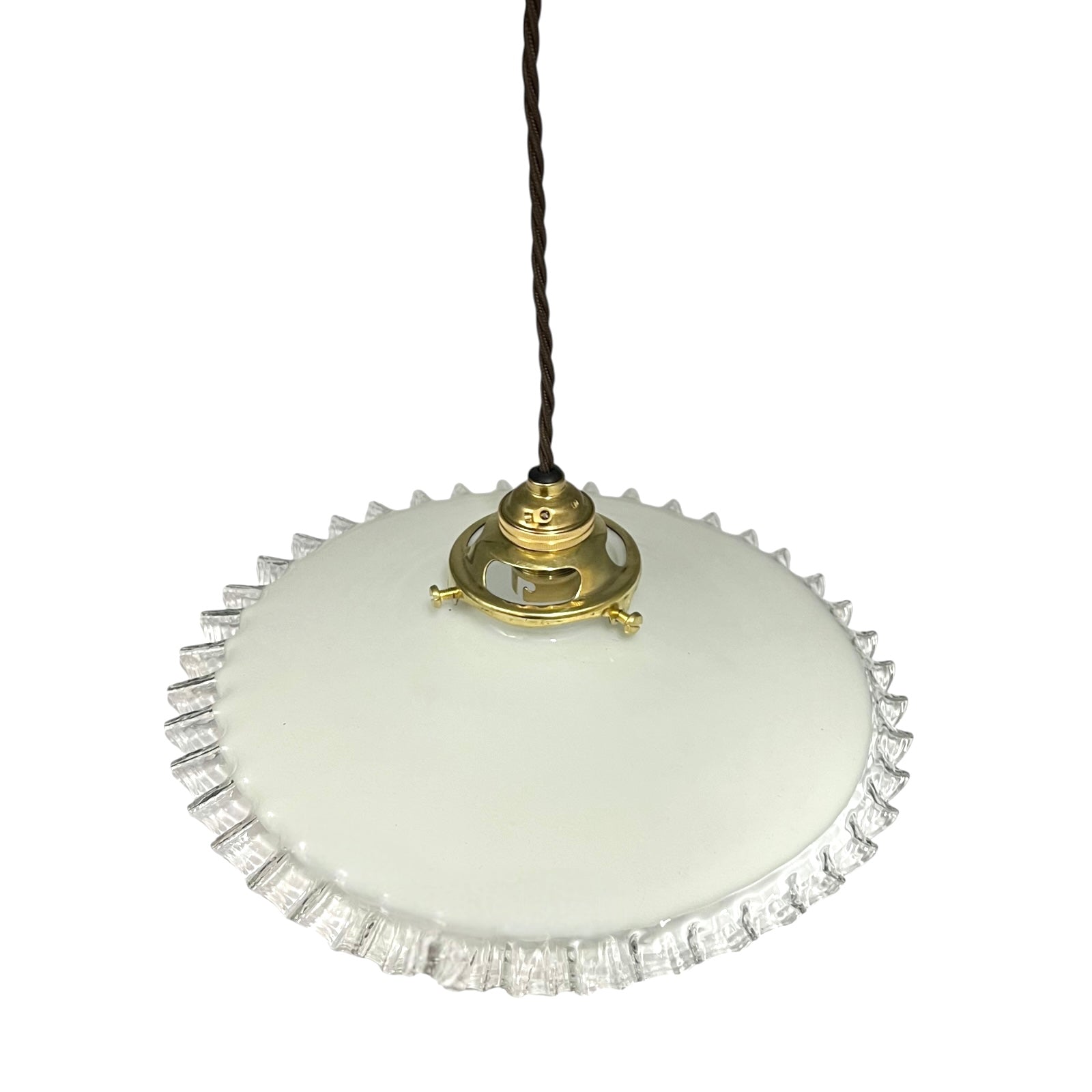 Vintage-style pendant light with white glass shade and brass fitting on a white background