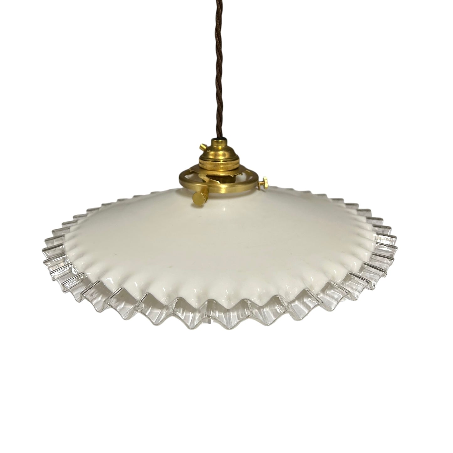 Vintage French Opaline Milk Glass Pendant Pie Crust Lampshade with Brass Collar