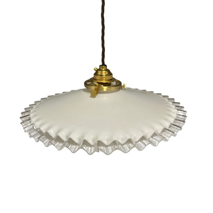 Vintage French Opaline Milk Glass Pendant Pie Crust Lampshade with Brass Collar