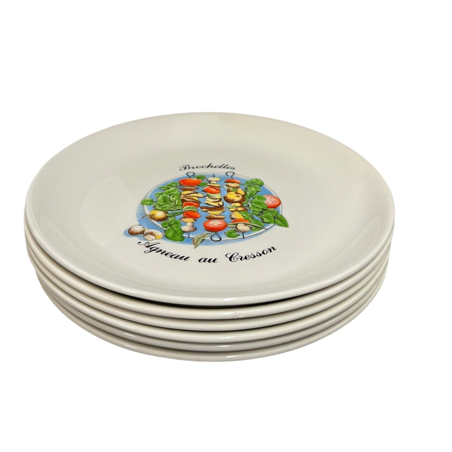 Set of five ceramic plates with a central design and text on a white background