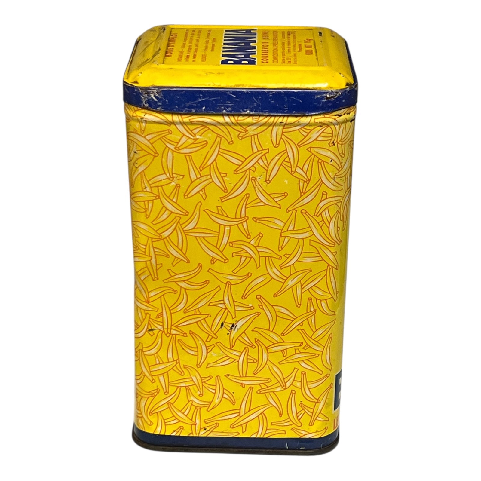 Yellow container with banana pattern on a white background