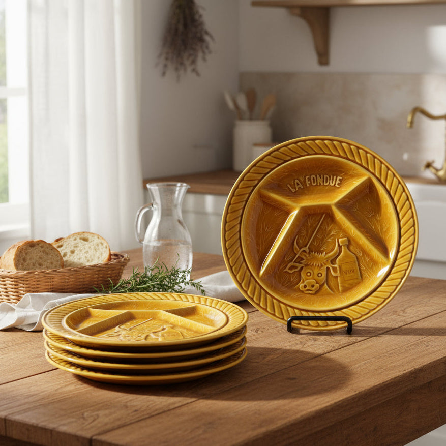 Set of orange brown fondue plates with embossed designs and 'La Fondué' text on a white background