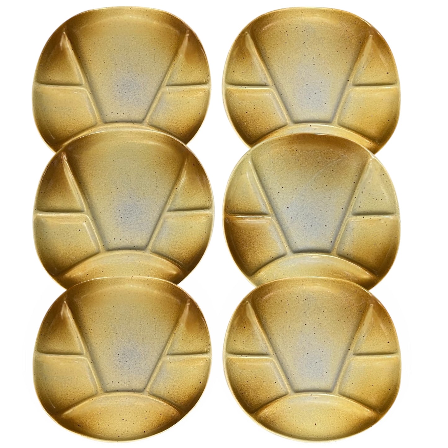 Set of 6 brown mid century ceramic divided plates with a textured finish on a white background