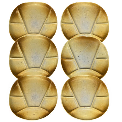 Set of 6 brown mid century ceramic divided plates with a textured finish on a white background