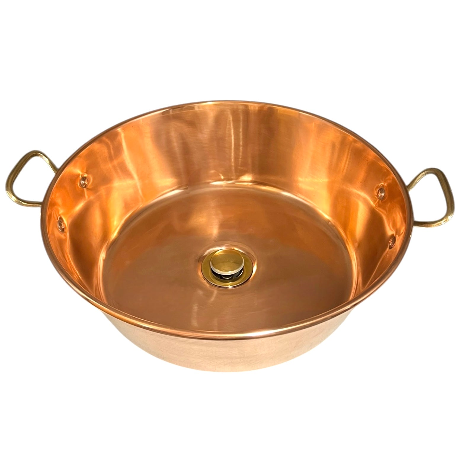 Copper up cycled basin sink with brass handles on a white background