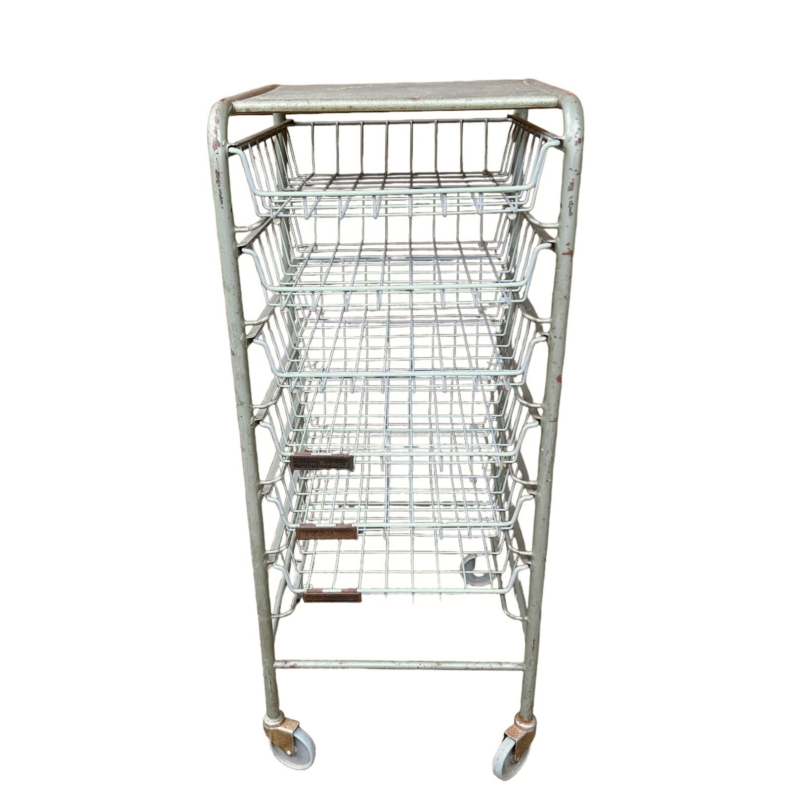 Vintage French Metal Drawer Trolley on Wheels, Industrial Mobile File Storage