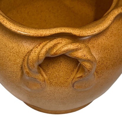 Close-up of a brown ceramic pot with a knot design on a white background