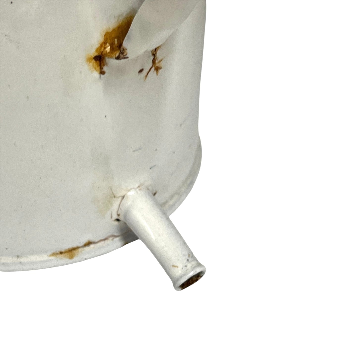A close-up of a white metal can with visible rust stains and a spout, isolated on a white background.