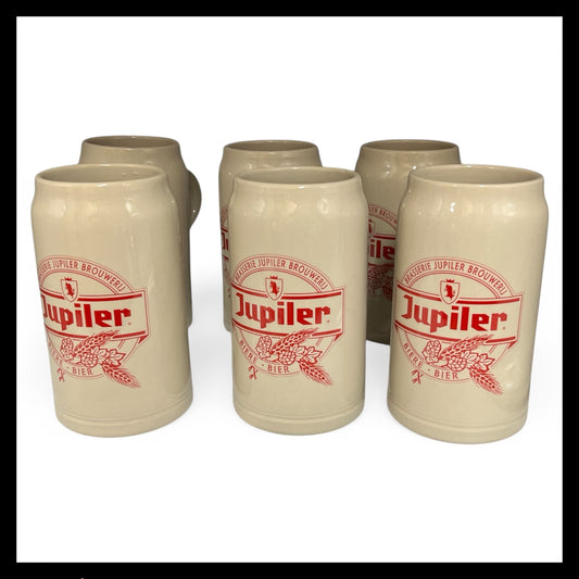 6 Traditional German Beer Stein 1 Litre, Ceramic Biere Tankards - shown on a white background with a black border