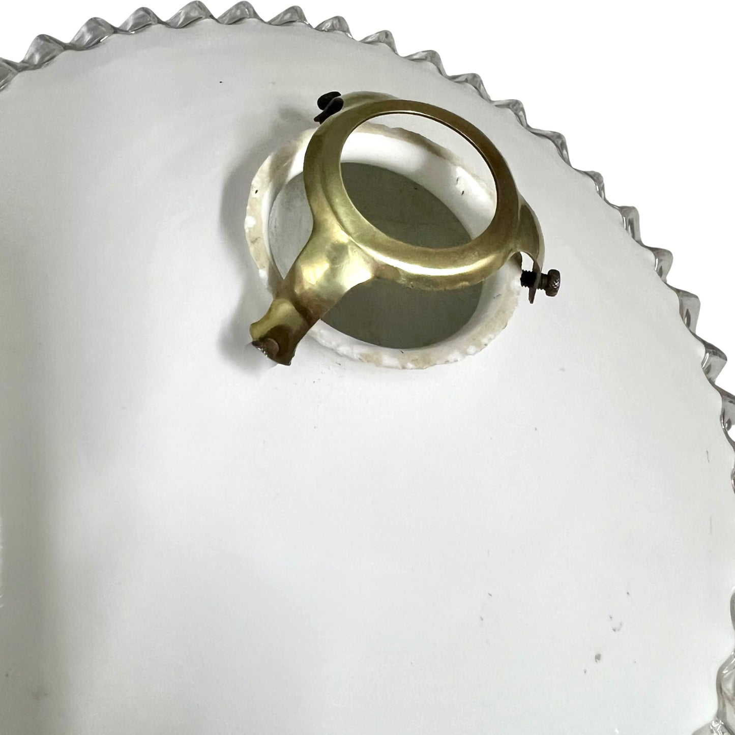 close up of a French vintage glass white lampshade with a collar