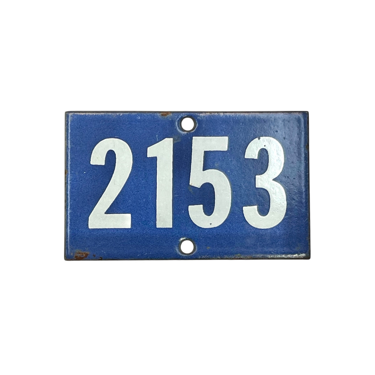 A rectangular vintage-style blue house number plaque with the white numerals '2153' and two mounting holes, shown on a plain white background.