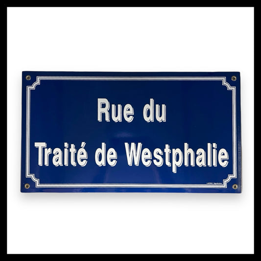 Vintage Blue Enamel French Street Sign Plaque, Road name Rue Traite Westphalie for sale from All Things French store