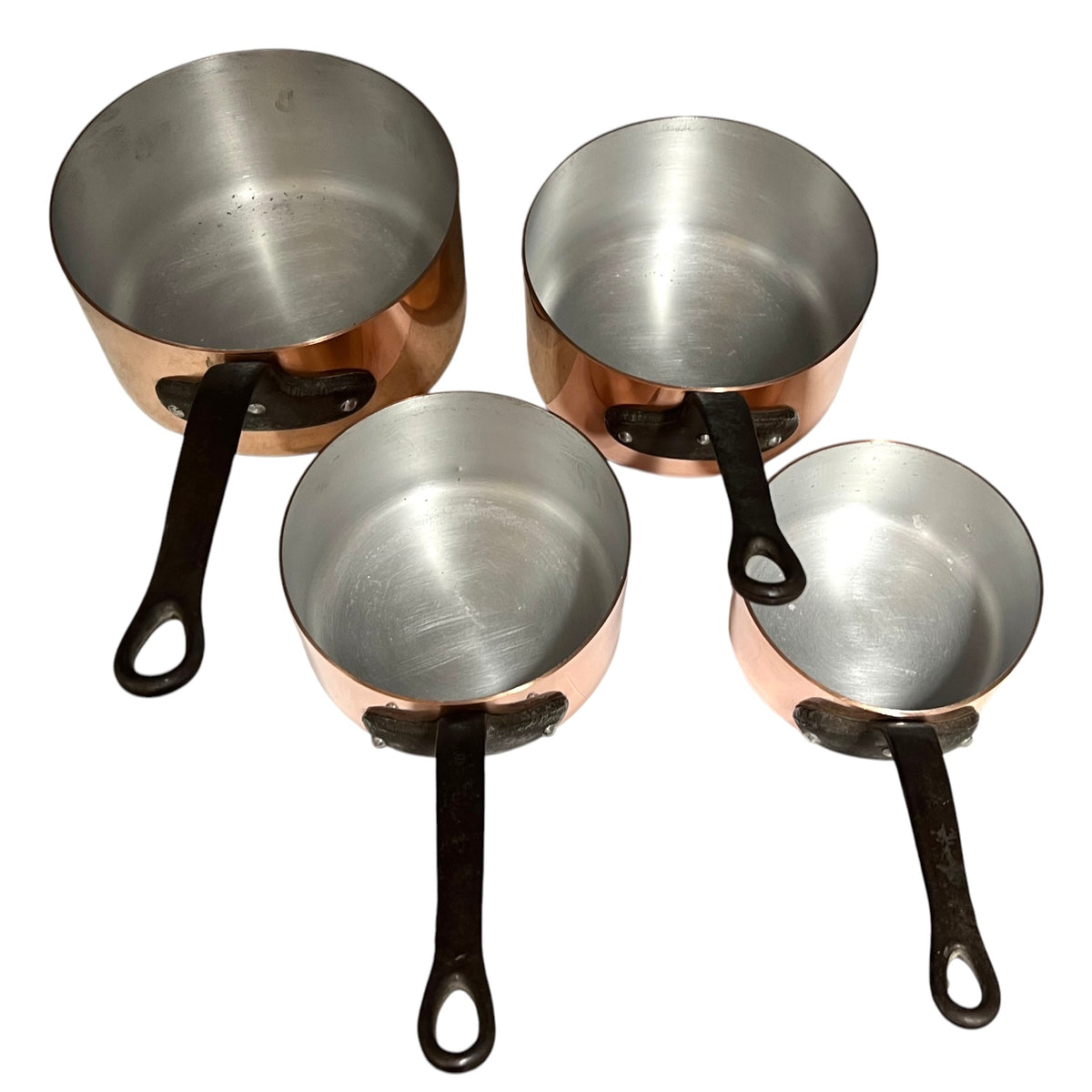Vintage French Copper Saucepan Set of 4 | 2mm Thick | Aluminium Lined Cast Iron Handles