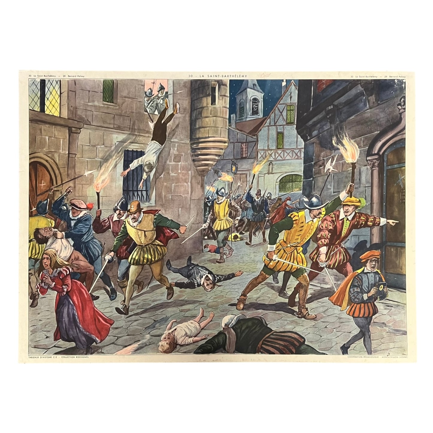 French large vintage poster depicting a historical scene of a violent confrontation in a town square with people in period costumes on a white background.