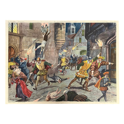 French large vintage poster depicting a historical scene of a violent confrontation in a town square with people in period costumes on a white background.