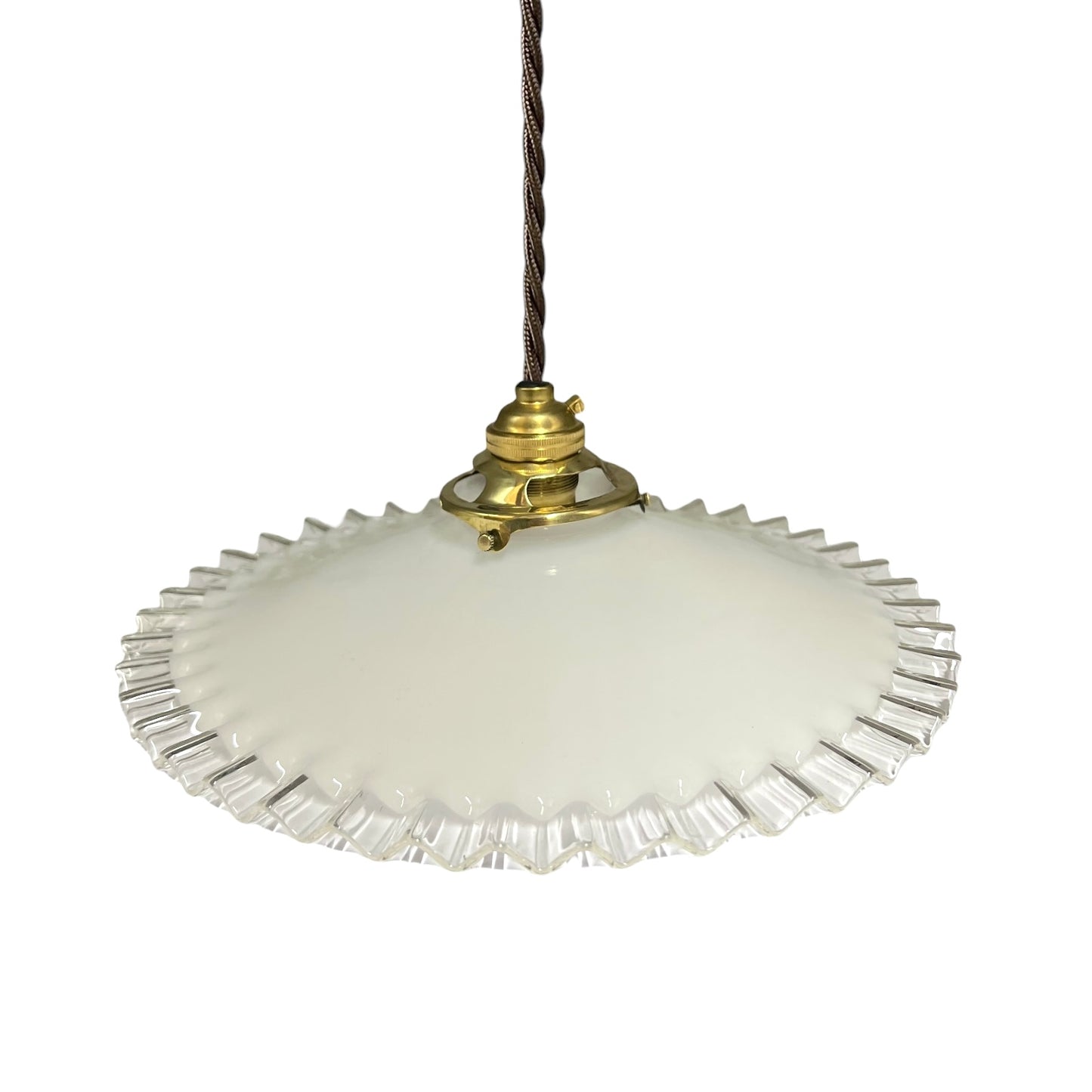 A vintage-style pendant light with a white frosted glass shade featuring a fluted, scalloped edge, a brass metal fixture, and a dark brown hanging cord, shown against a plain white background.
