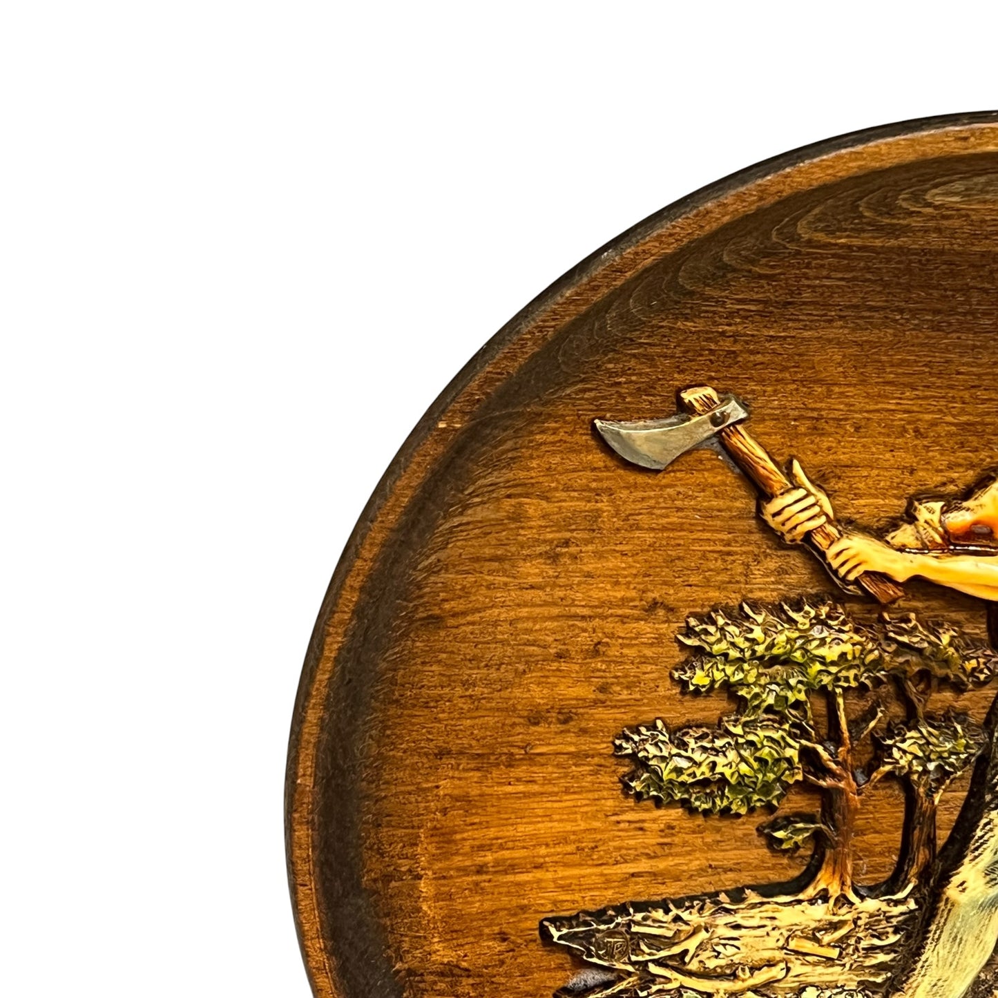 close up of a wooden decorative round plaque on a white background 