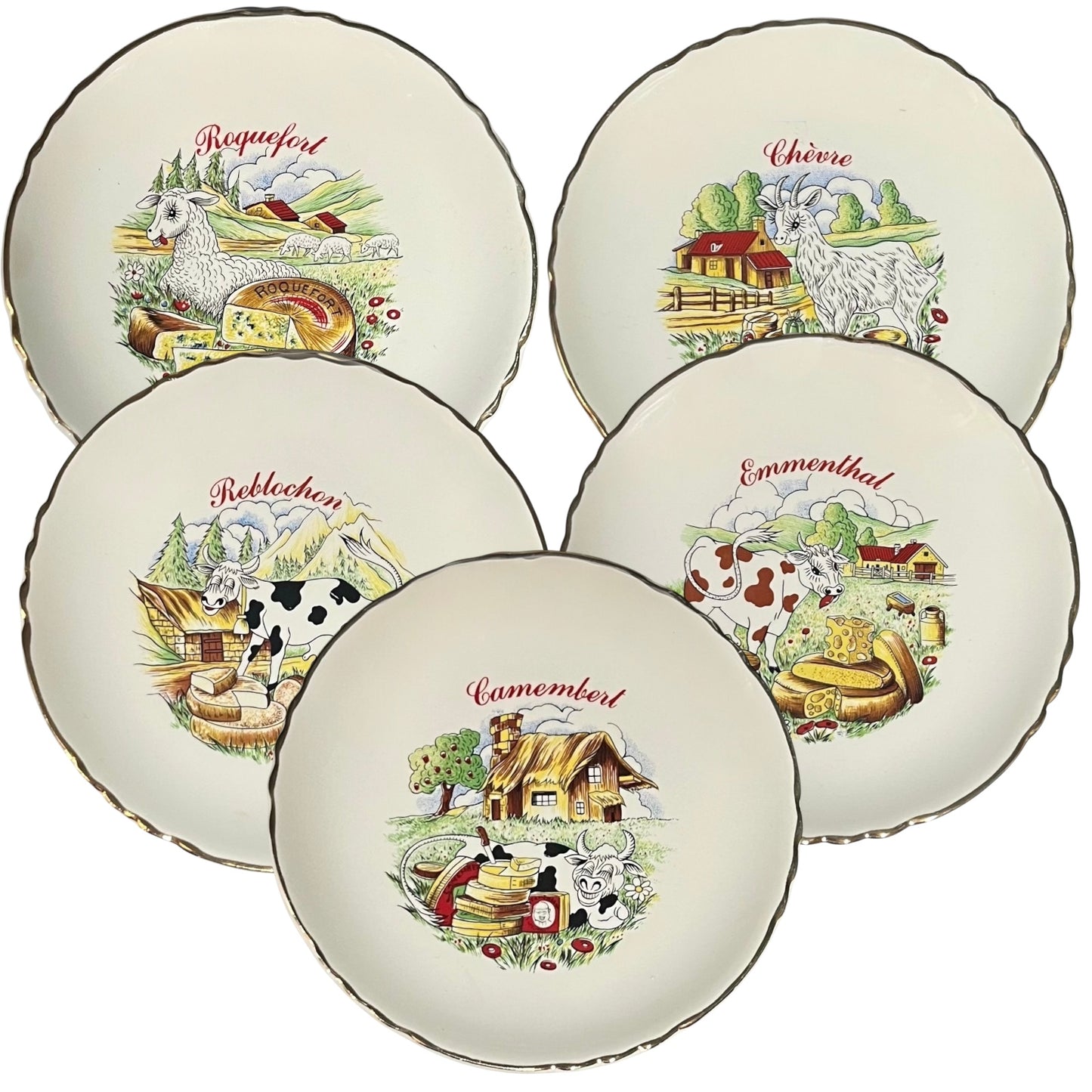 Set of five ceramic plates with cheese illustrations and names on a white background