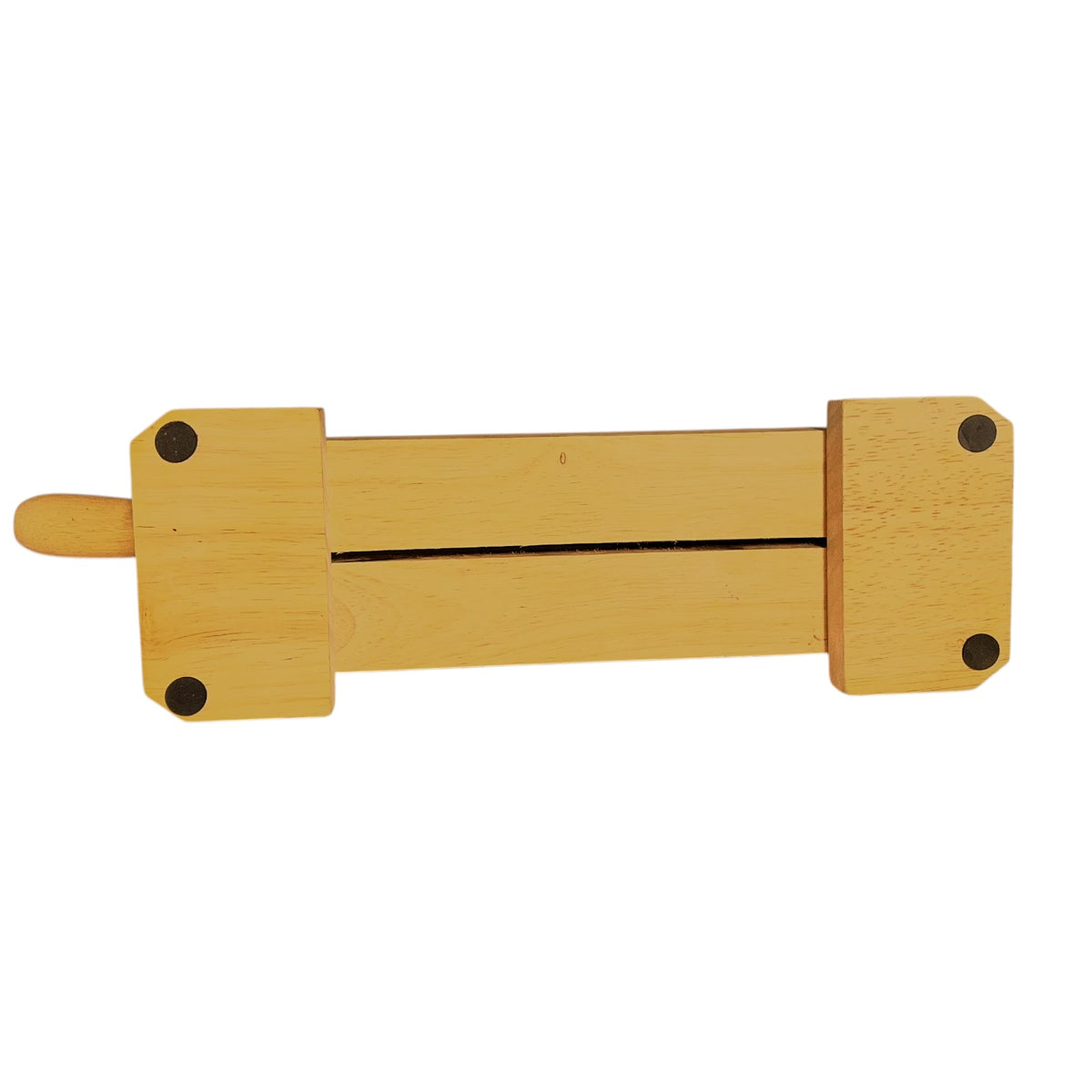 A wooden sliding block or clamp-like tool with a light natural wood finish, black rivets, and a central slot, shown on a plain white background.