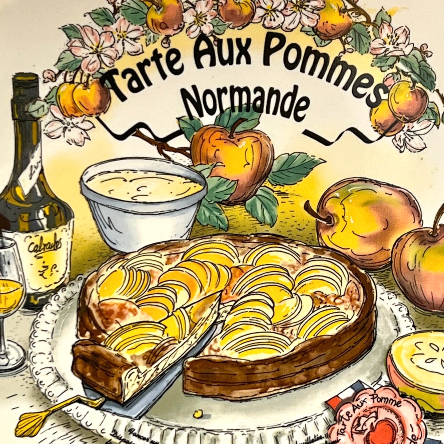 Illustration of a Normandy apple tart with apples, a bottle, and a glass on a decorative background.