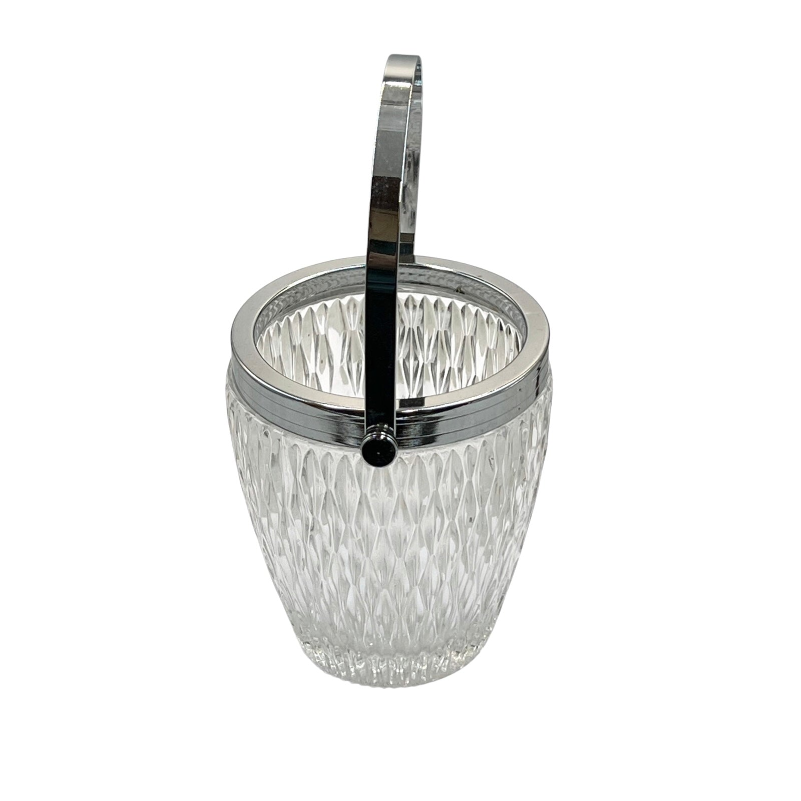 French vintage glass ice bucket with a silver coloured collar and a handle on a white background 