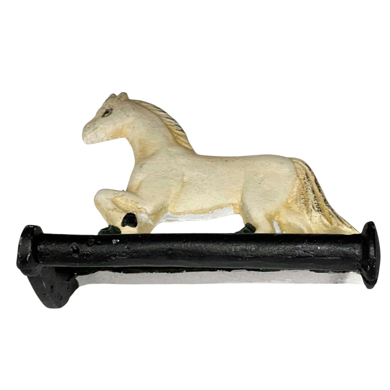 Close up of white horse toilet paper holder against a white background