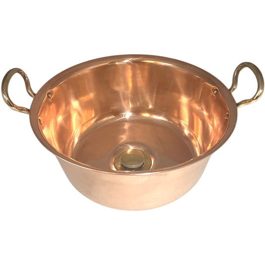 Small French copper basin with brass handles and a brass waste for sale on a white background from All Things French Store