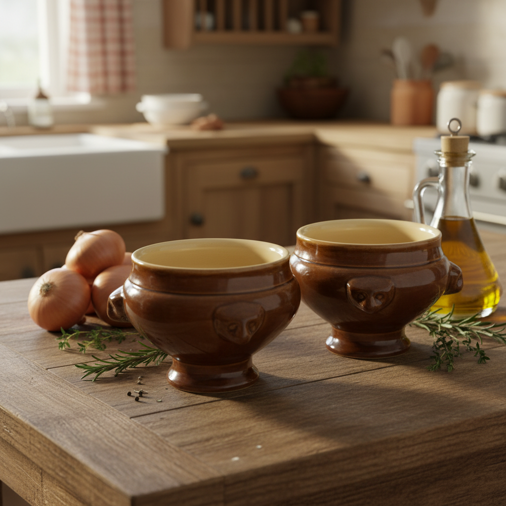 Two brown ceramic bowls on a wooden table with onions and rosemary in a kitchen setting.