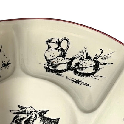 Close-up of a vintage fondue plate with detailed design on a white background