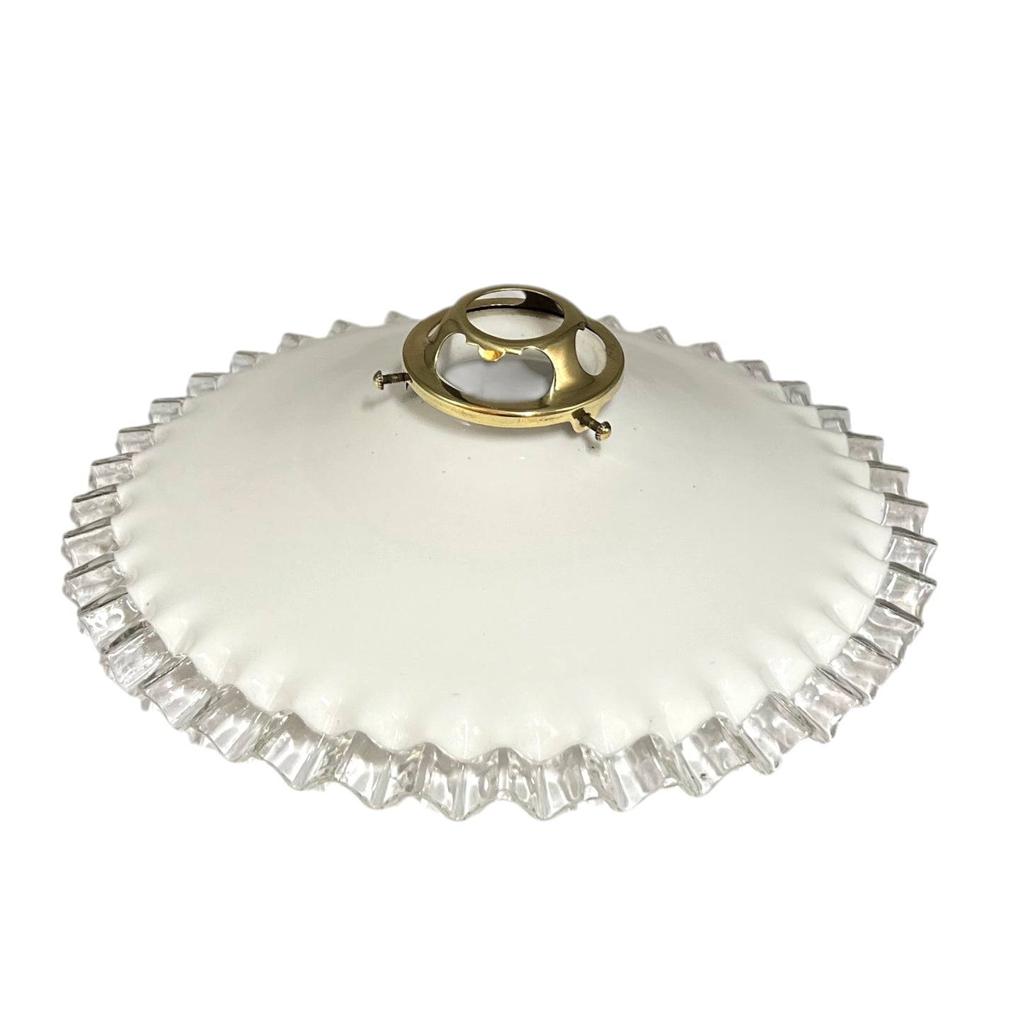 A vintage white glass pendant lamp shade with a scalloped, fluted edge and a gold metal top handle, shown on a plain white background.