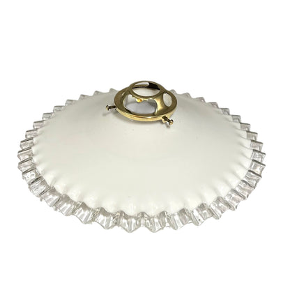 A vintage white glass pendant lamp shade with a scalloped, fluted edge and a gold metal top handle, shown on a plain white background.
