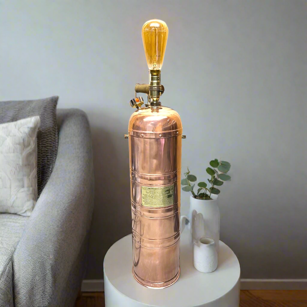 French Vintage Copper Fire Extinguisher Up Cycled Lamp, Steampunk Desk Lamp