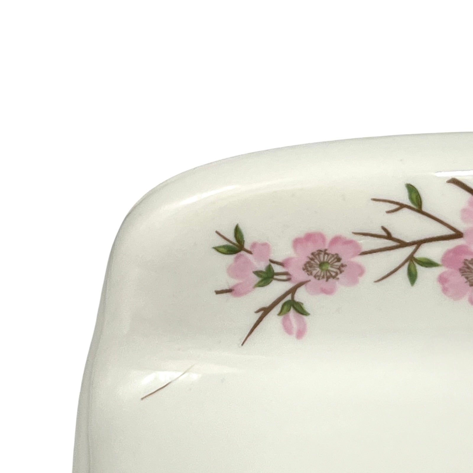 Close-up of a glossy white ceramic plate corner decorated with a delicate pink floral branch pattern on a white background.