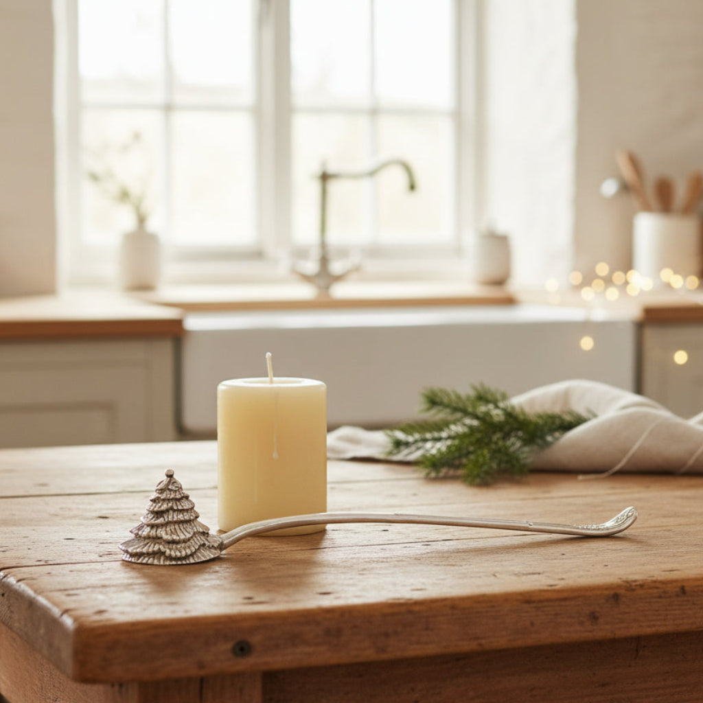 Decorative silverplated xmas tree shaped candle snuffer on a wooden table in a farmhouse kitchen beside a candle
