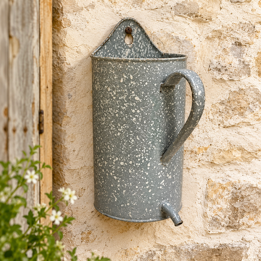 A vintage French enamel wall planter with a speckled gray finish, mounted on a rustic beige stone wall next to a wooden door.