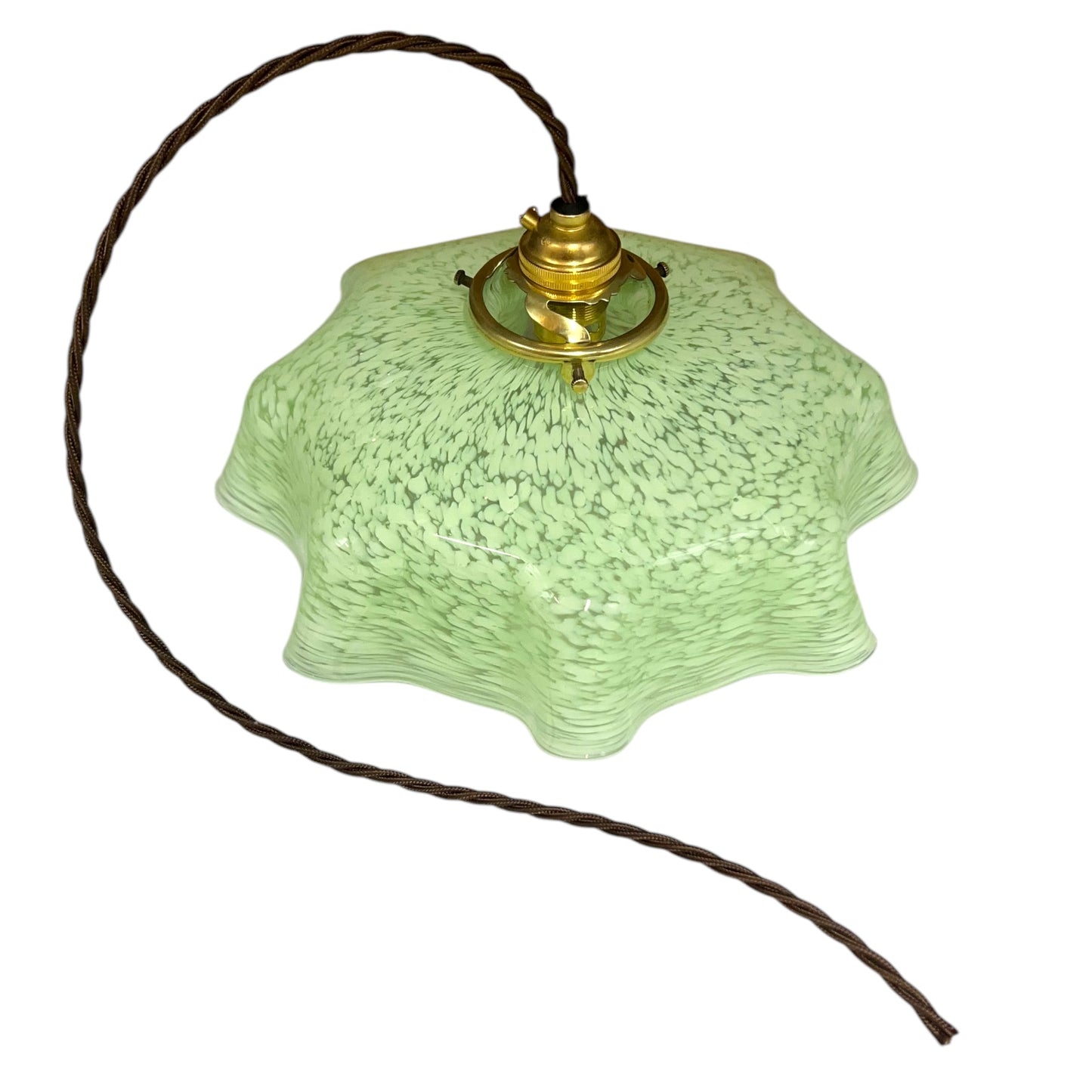 Vintage French Pendant Light, Green Mottled Milk Glass Hanging Lampshade 