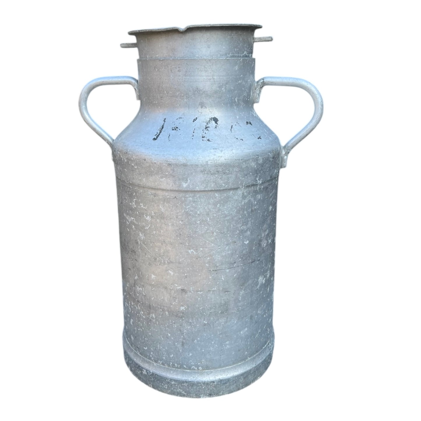 Vintage French aluminium milk churn with a lid on a white background