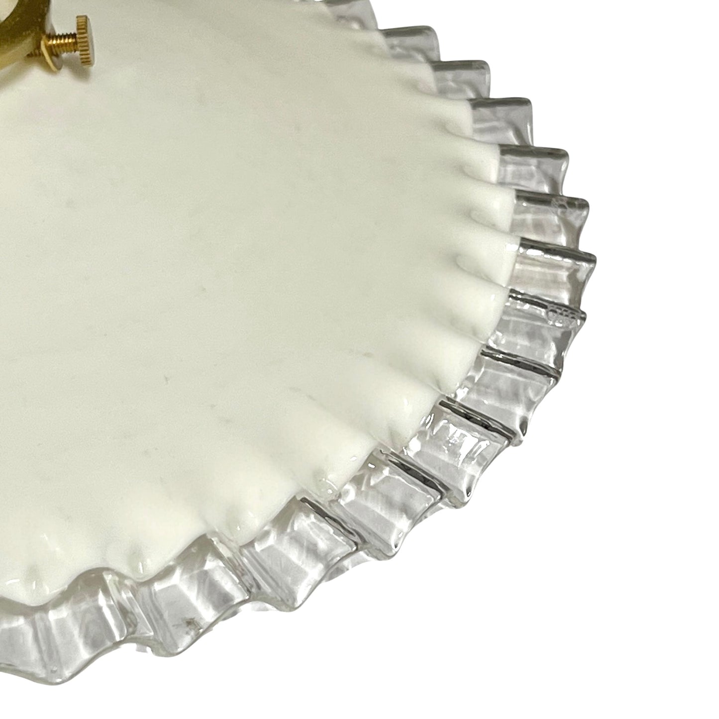Vintage French Opaline Milk Glass Pendant Pie Crust Lampshade with Brass Collar